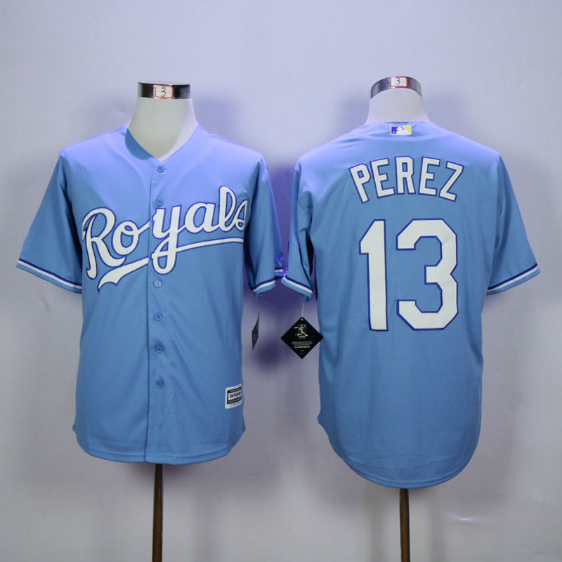 Men Kansas City Royals 13 Perez Light Blue Game MLB Jerseys